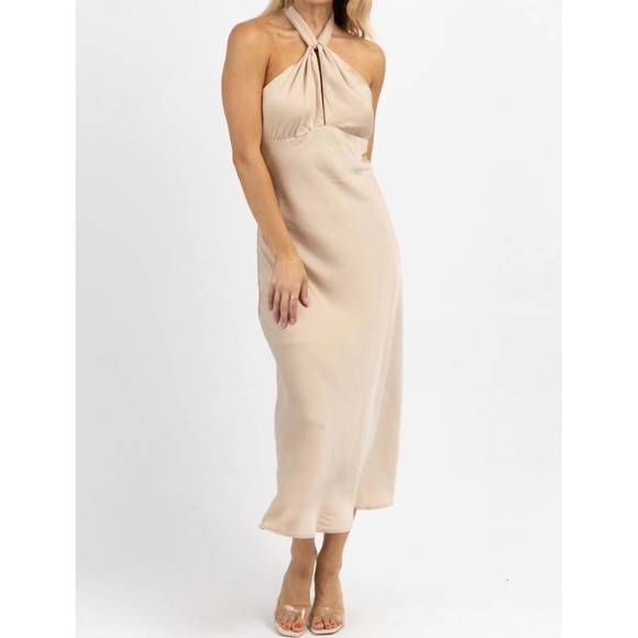 NEW LE LIS halter tie satin midi dress in champagne - Picture 1 of 6